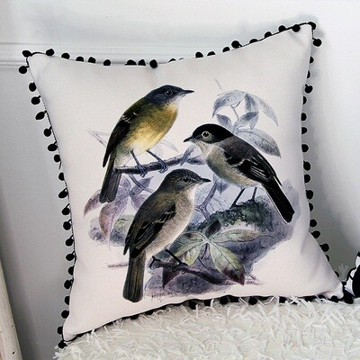 Подушка декоративна з помпонами (мішковина) «Пташки на гілці»