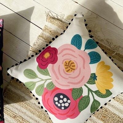 Подушка декоративна з помпонами (мішковина) «Мальви»