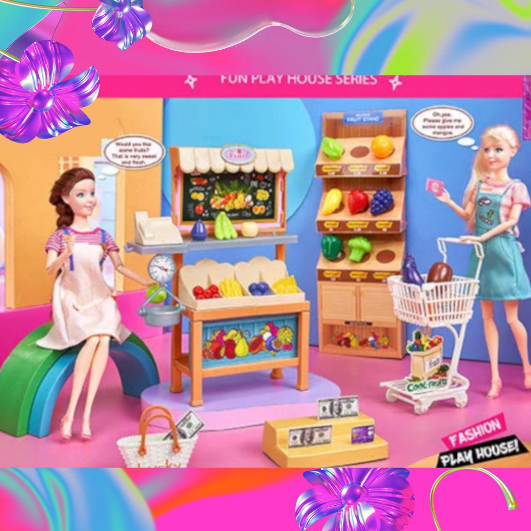 Дитяча лялька 30 см Барбі в супермаркеті візочок ігрові меблі Гра в магазин аксесуари муляжі продуктів, фото 1