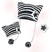 Шапка біні з вушками та зіркою зима в'язана чорно-біла Bitterly Love oni size