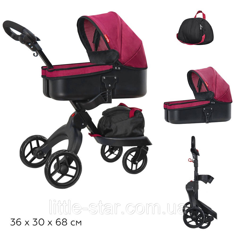 Коляска для ляльки класична 9631А, сумка, регульоване кермо, ручка 75 см, поворотні колеса, чорно-рожева