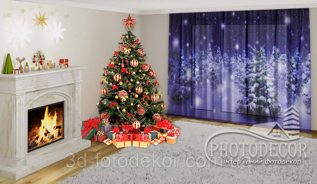 Новорічний ФотоТюль "Снігопад у нічному лісі. Фіолетовий" - будь-який розмір. Читаємо опис!, фото 1