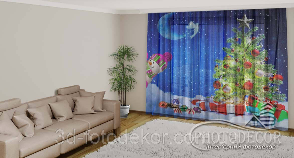 Новорічний ФотоТюль "Ялинка в снігу з подарунками" - будь-який розмір. Читаємо опис!, фото 1