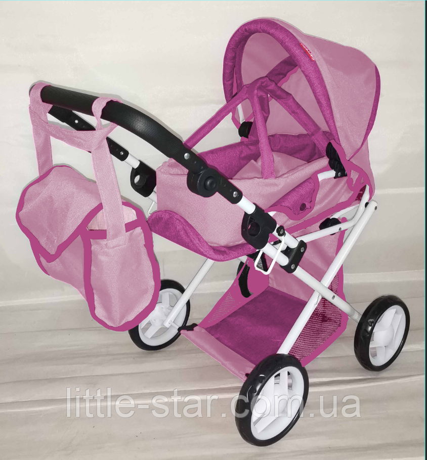 Коляска для ляльки 9346 2в1, демісезон, люлька, регульована ручка, сірий