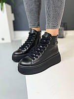 Черные женские демисезонные кеды из кожи на толстой подошве