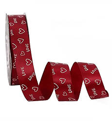 Атласна стрічка "Love", 2,5 см х 32 м., колір - вишневий