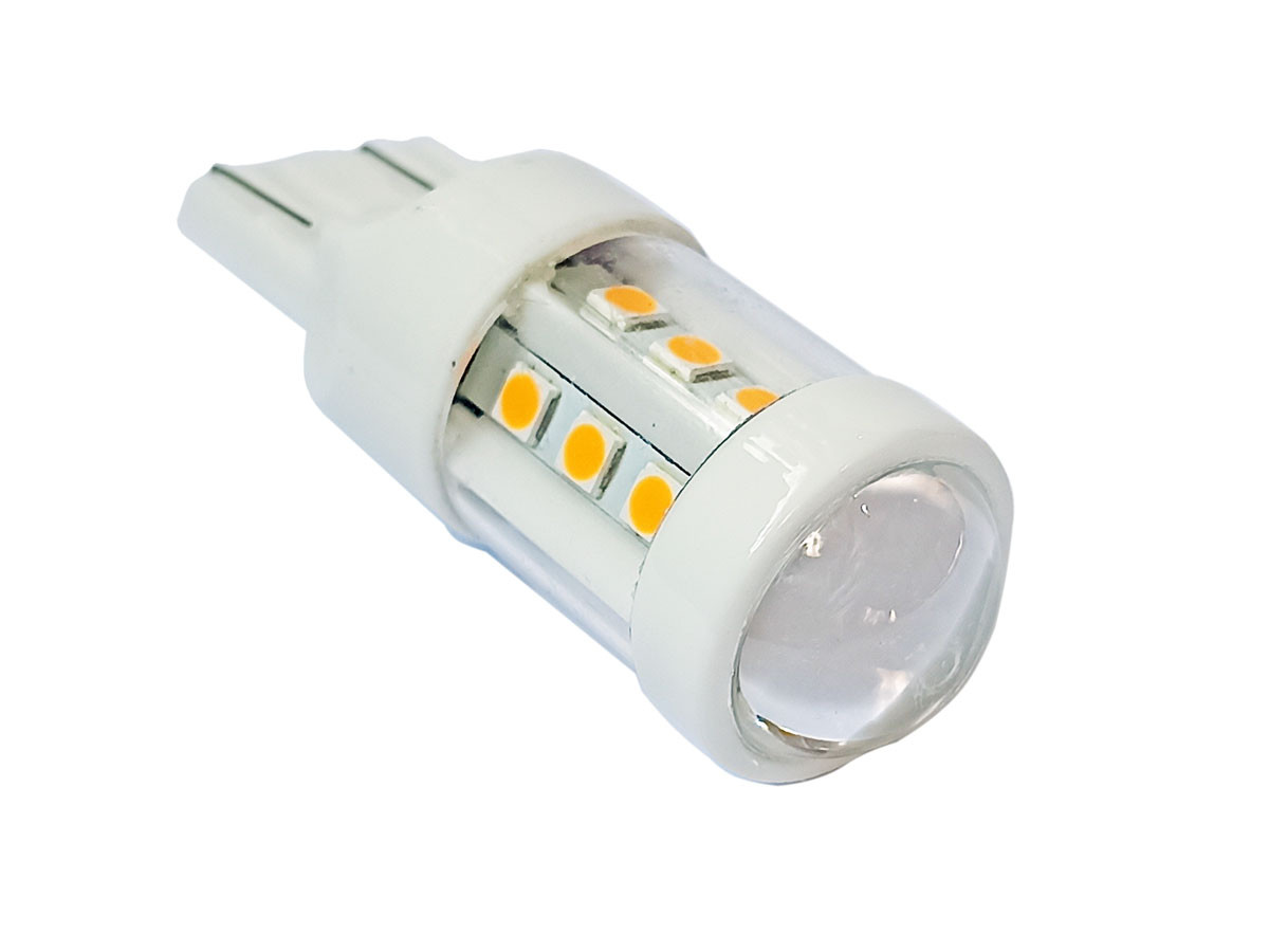 Світлодіодна лампа T20 W3x16q 18 SMD (3030) 12V AMBER з лінзою 2 контакта, фото 1