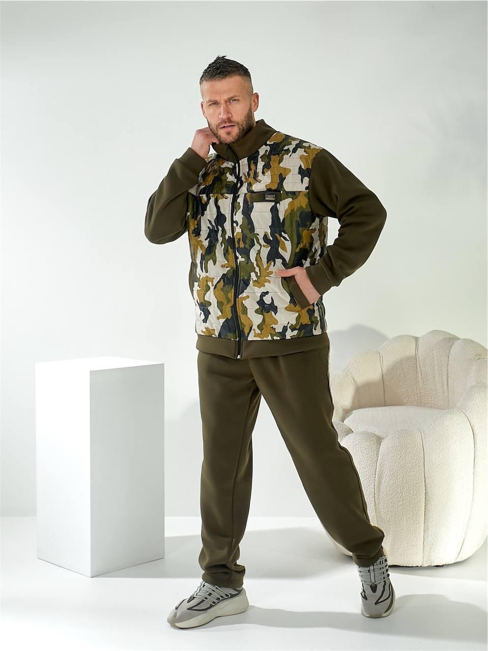 Теплий чоловічий спортивний костюм: кофта-куртка з коміром-стійкою та штани з начосом, фото 1