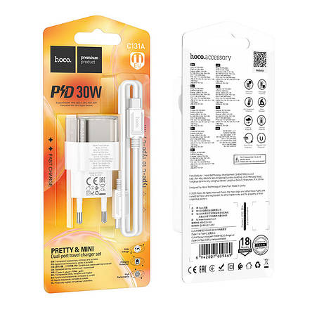 МЗП Hoco C131A Platinum dual-port PD30W+QC3.0 charger set(Type-C to Type-C)(EU) Transparent Black, фото 2