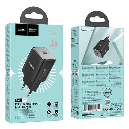 МЗП Hoco N43 Vista single port PD30W charger(EU) Black, фото 2