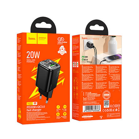 МЗП Hoco N52 Monsoon PD20W+QC3.0 charger(EU) Black, фото 2