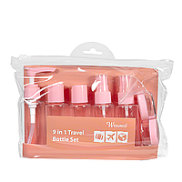 Дорожній набір флаконів для косметики та парфумерії, 9 предметів, Рожевий.GGPB