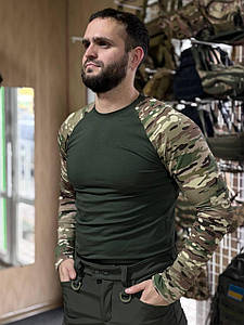 Лонгслів, стрейч-кулір олива/мультикам