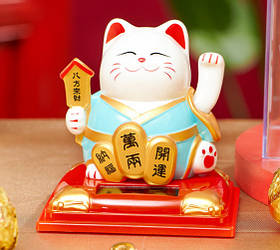 Манеки Неко в кімоно на сонячній батарейці Блакитний