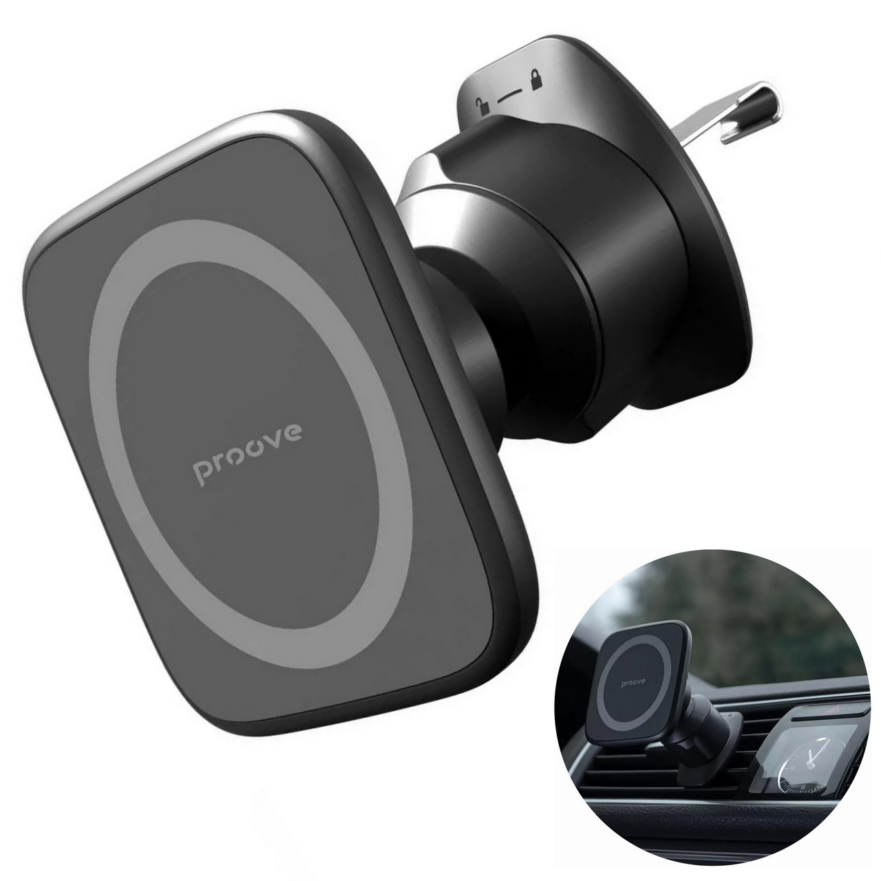 Магнітний автомобільний тримач смартфона Proove Block Magnetic Air Outlet Car Mount Magnetic Ring Black, фото 1