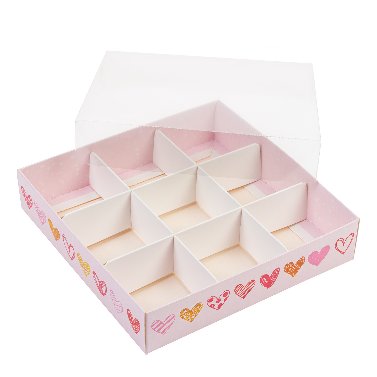 Коробка 160х160х35 для сухофруктів з прозорою кришкою "Сердця мікс", фото 1