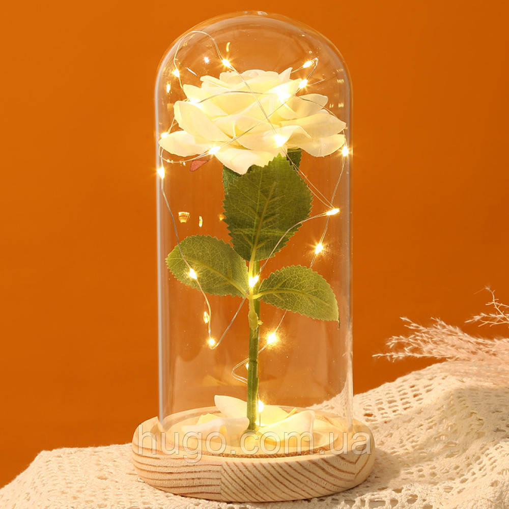 Роза в колбі з підсвічуванням 21 см, на батарейках, Біла / Квітка в колбі / Вічна троянда нічник / Подарунок дівчині, фото 1