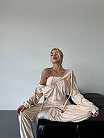 Жіночий велюровий літній костюм трійка кофта на блискавці штани палаццо топ м'який плюшевий велюр