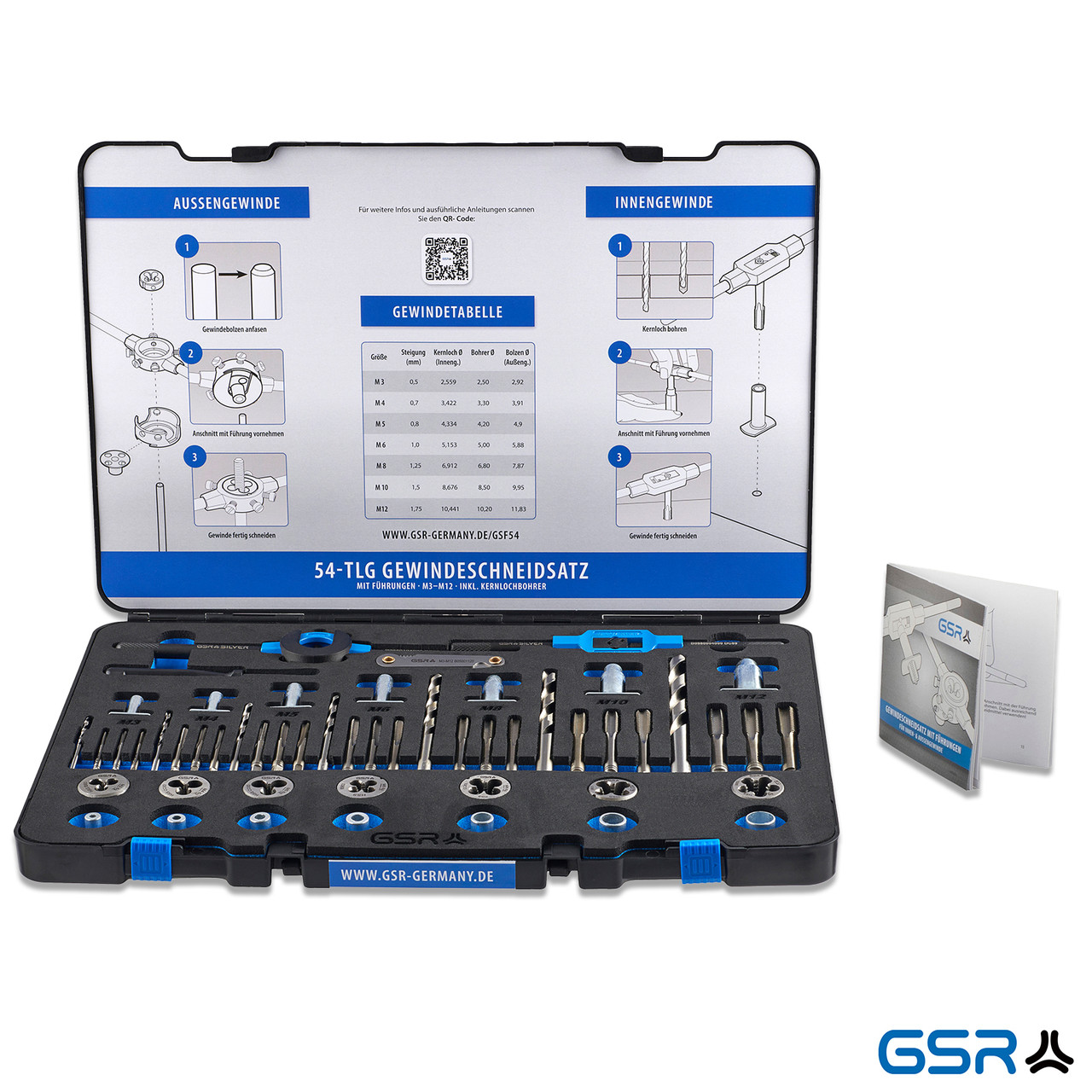 Набір мітчиків і плашок HSS M3-M12 (54 пр.) + направляючі і свердла, GSR (Німеччина) арт. 08333800, фото 1