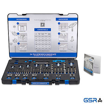 Набір мітчиків і плашок HSS M3-M12 (54 пр.) + направляючі і свердла, GSR (Німеччина) арт. 08333800