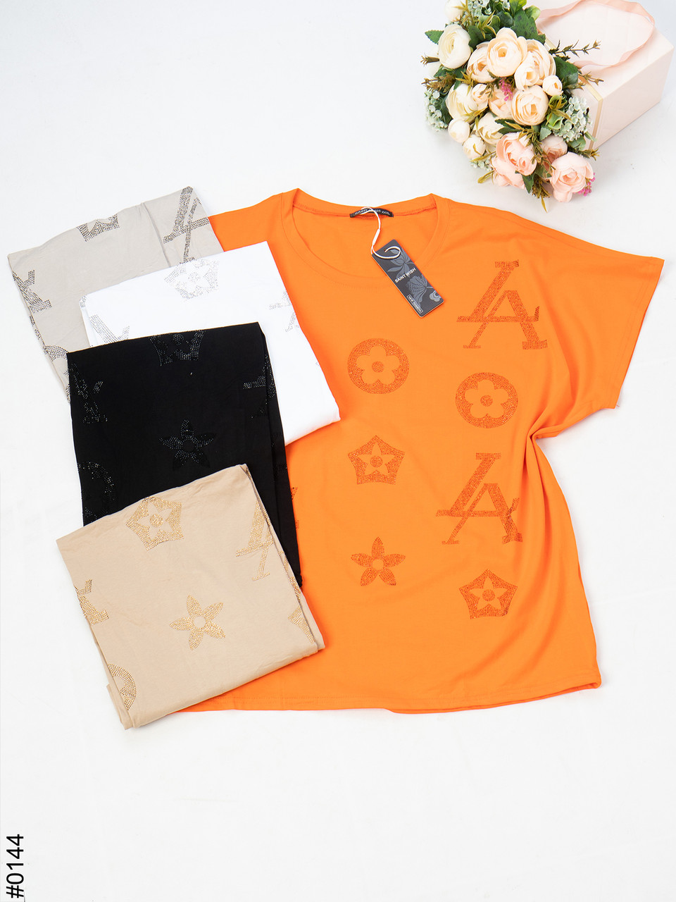 0144 Футболка жіноча з принтом батал мікс кольорів (6 од: 3XL-3 шт, 4XL-3 шт.)