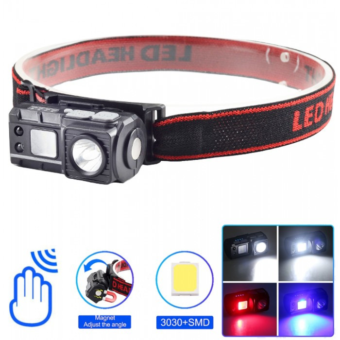 Ліхтар налобний з датчиком руху та кліпсою 6541-3030+SMD (WHITE+RED+BLUE)