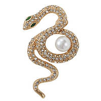 Брошка металева на золотистій основі змія з білими кристалами та намистиною розмір виробу 45х25 мм