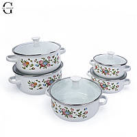 Набір емальованих каструль 5 штук зі скляною кришкою Benson BN-079 білий