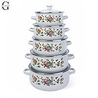 Набір емальованих каструль 5 штук зі скляною кришкою Benson BN-079 білий