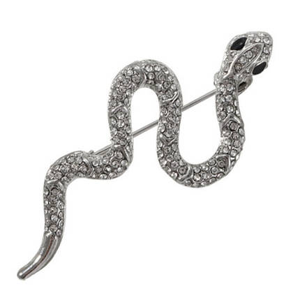 Брошка металева на сріблястій основі змія з білими та чорними стразами розмір виробу 60х25 мм, фото 1
