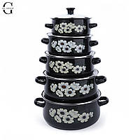 Набір емальованих каструль 5 штук зі скляною кришкою Benson BN-079 Чорний