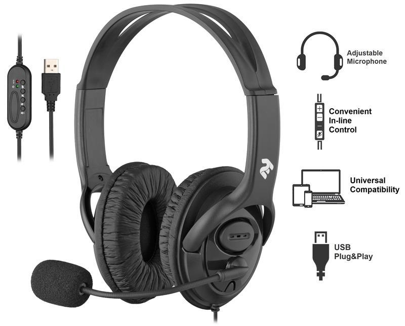 Гарнітура ПК стерео Over-ear 2E CH13 USB, omni-mic, 2м, чорний, фото 1