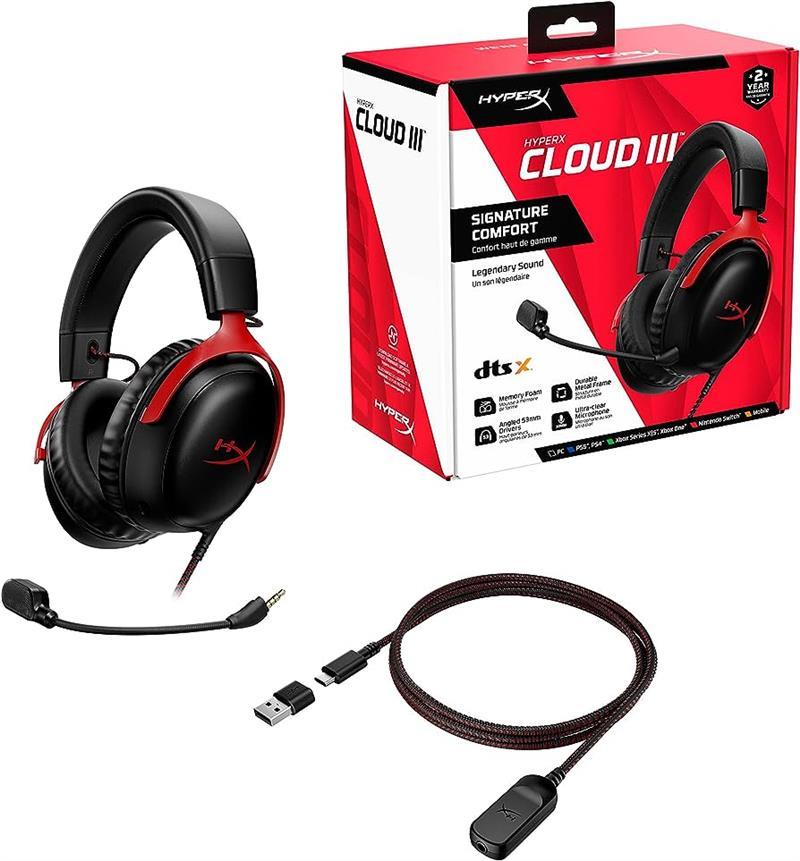 Гарнітура ігрова HyperX Cloud III, mini-jack/USB-A/USB-C, 1.2м/1.3м, чорно-червоний, фото 1