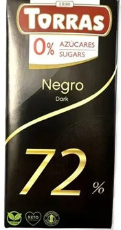Шоколад чорний без цукру Torras negro 72% какао 75 г Іспанія (12 шт/1 уп)