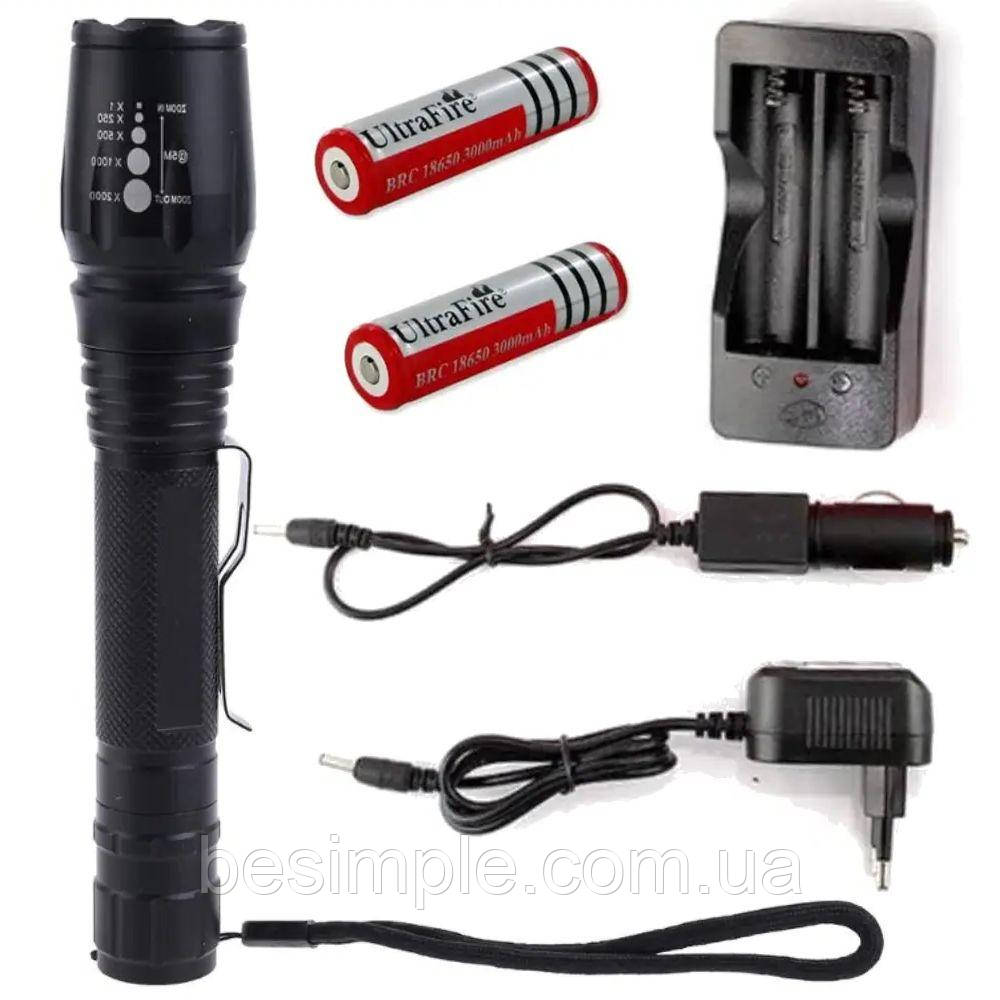 Ручний LED ліхтар T62 на 2 акумулятори 18650 / Потужний туристичний ліхтарик із зумом, фото 1