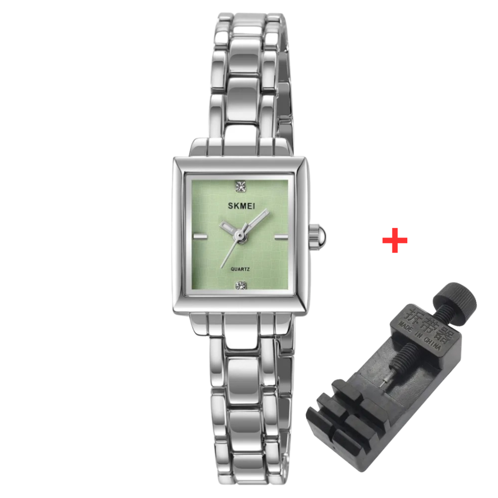 Skmei 2315SIGN Silver-Green Сріблястий жіночий годинник прямокутної форми з металевим браслетом
