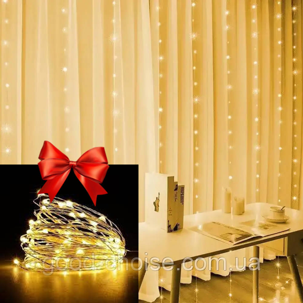 Гірлянда штора 3х2м від USB + Гірлянда на батарейках 2м / Новорічна кімнатна LED гірлянда на вікно, фото 1