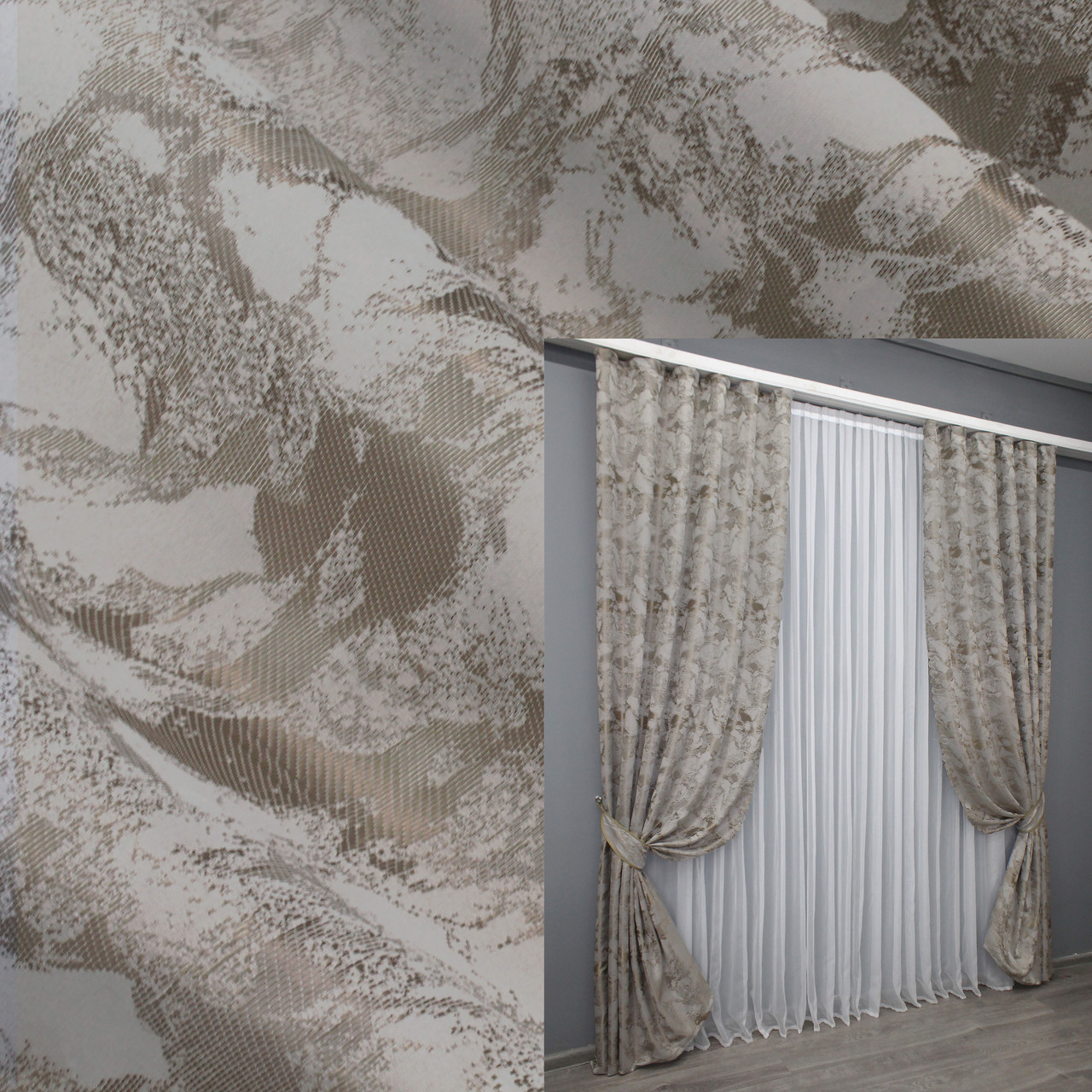 Комплект (2шт. 1,45х2,7м.) жакардових штор "Мармур Al3". Колір світло-сірий з мокко. Код 1596ш 33-0476, фото 1
