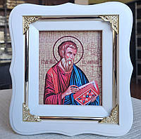 Икона Святого Евангелиста Матфея в белом деревянном фигурном киоте под стеклом, размер киота 18*16,сюжет 10*12