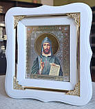 Ікона має ім'я Святий Кирила в білому дерев'яному фігурному кіоті під склом, розмір кіота 18*16, сюжет 10*12, фото 2