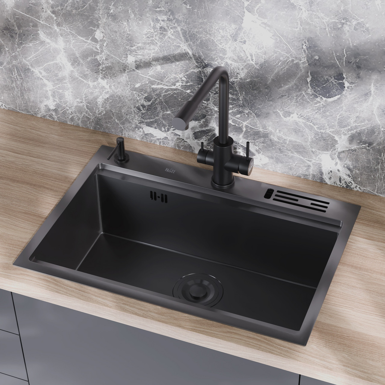 Кухонна мийка Nett NB-7048 чорна тонована 3.0/1.5, фото 1