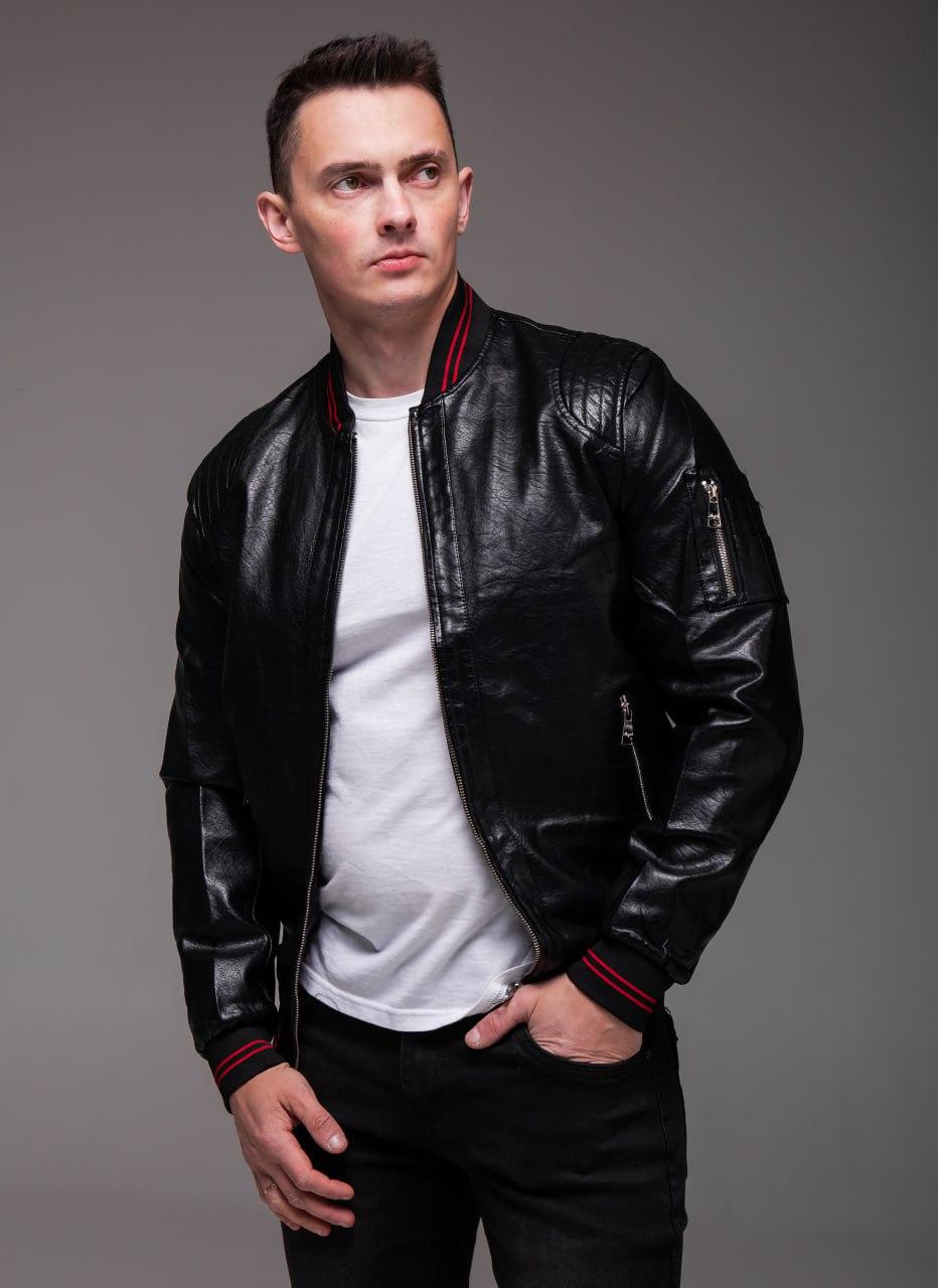 Чоловіча шкіряна куртка чорна весняна осіння Бомбер без капюшона зі шкіри, фото 1