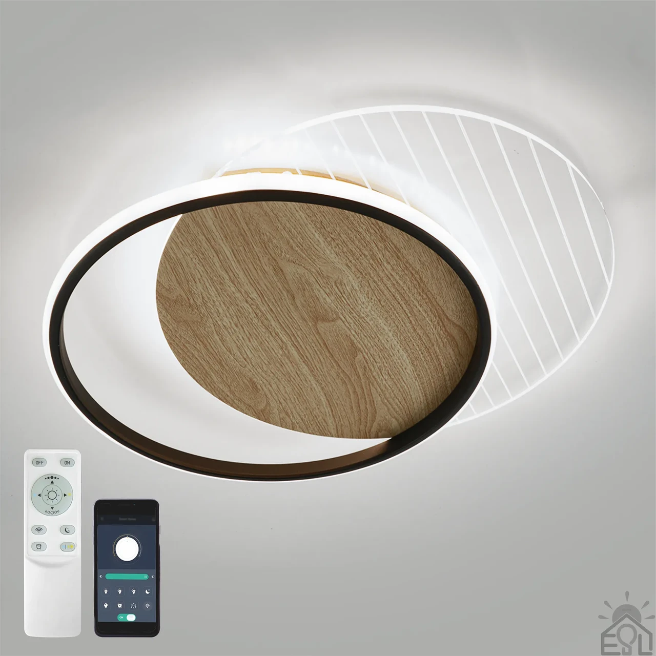Люстра Esllse AMATO 2R 60W LED чорна / світле дерево 400×505×52мм керована світлодіодна з пультом і додатком для смартфону APP