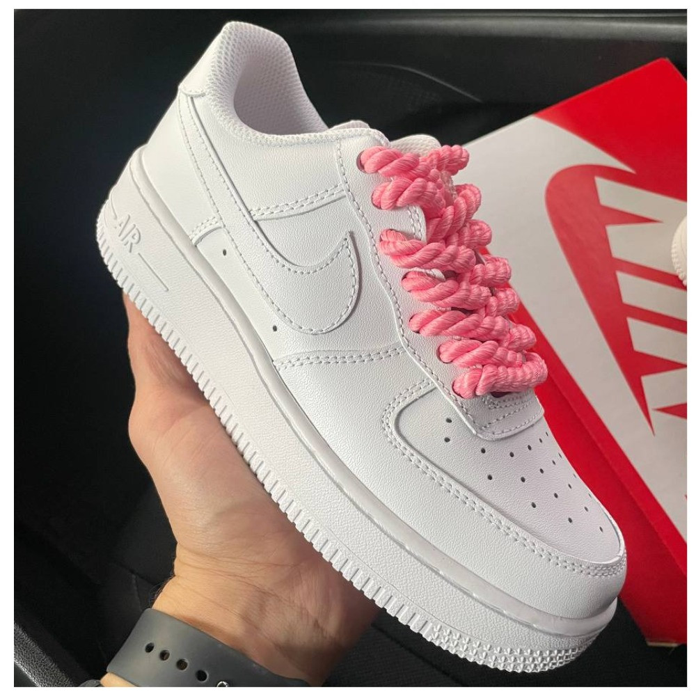 Чоловічі / жіночі кросівки Nike Air Force 1 Rope Laces Pink, білі шкіряні найк аір форс 1 шнурки мотузка
