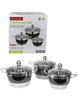 Набір каструль із нержавіючої сталі Kamille KM-5765 посуд з кришками із жароміцного скла 6 предметів