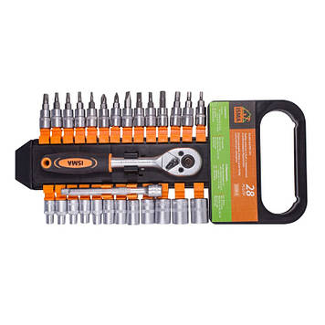 Набор головок та біт з тріскачкою 28пр. 1/4'' (4-13мм; Torx:T10-T30; Hex:H3-H6; Slotted:SL4.5-SL7; Philips: PH1-PH2)
