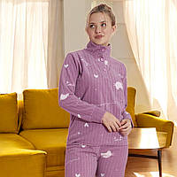 Піжама жіноча з сердечними котиками тепла флісова світло фіолетова 52