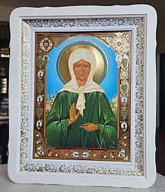 Ікона іменна Свята Матрона блаженна в білому дерев'яному фігурному кіоті під склом, розмір 52*42, звужить 30*40