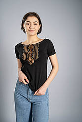 Жіноча чорна вишита футболка в українському стилі «Гуцулка (коричнева вишивка)»
