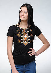 Жіноча чорна вишиванка на корткий рукав  «Карпатський орнамент (коричнева вишивка)»